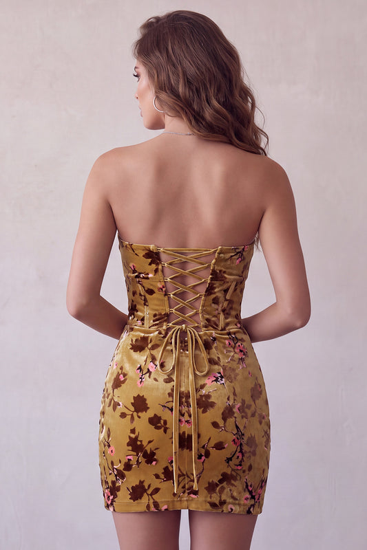 Ginger Yellow Floral Velvet Sweetheart Corset Tight Short Homecoming Dress