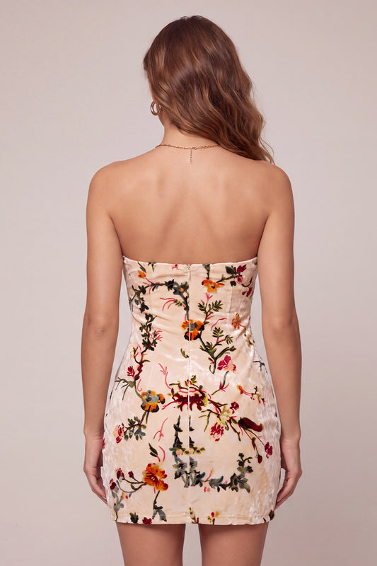 Floral Champagne Velvet Tight Keyhole Short Homecoming Dress
