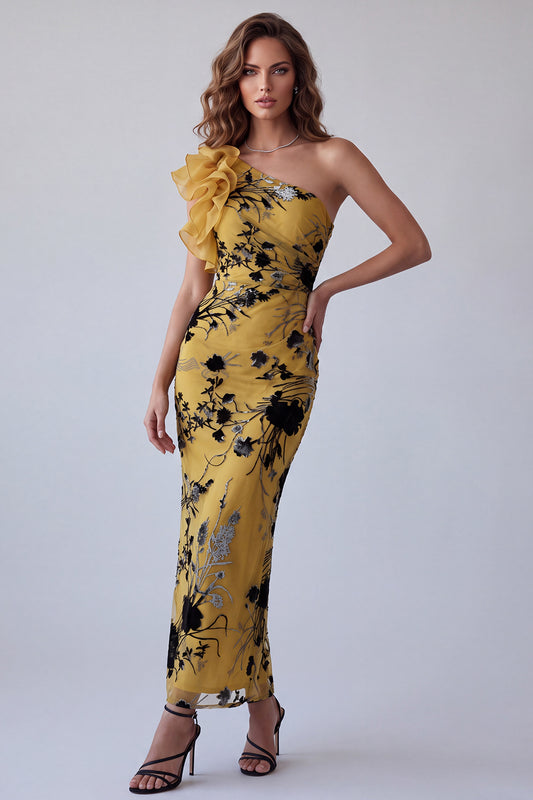 Ginger Yellow Floral Sheath One Shoulder Long Formal Dress with Ruffles
