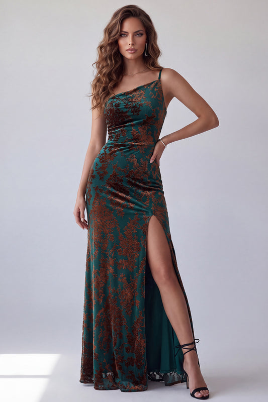 Dark Green Floral Sheath One Shoulder Velvet Long Holiday Dress with Slit