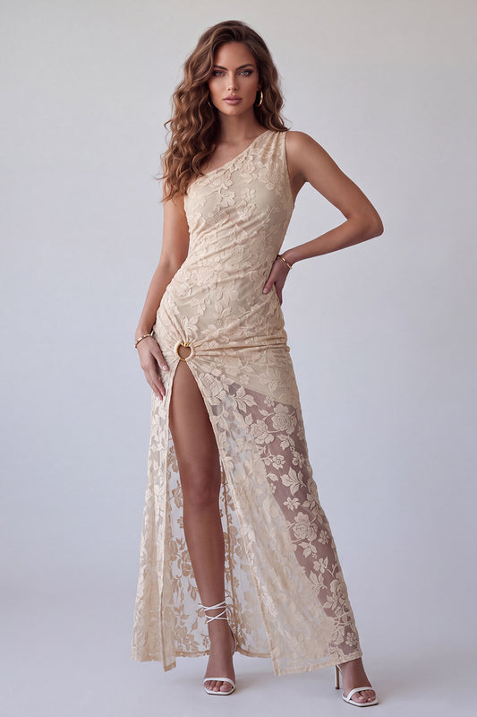 Ivory Floral Lace Sheath One Shoulder Long Formal Dress with Slit