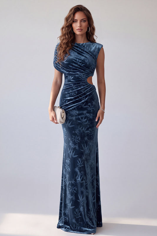 Navy Floral Mermaid Velvet Ruched Cut Out Long Holiday Dress