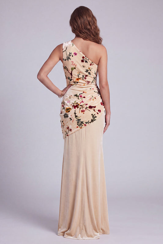 Champagne Floral Mermaid One Shoulder Ruched Velvet Long Holiday Dress