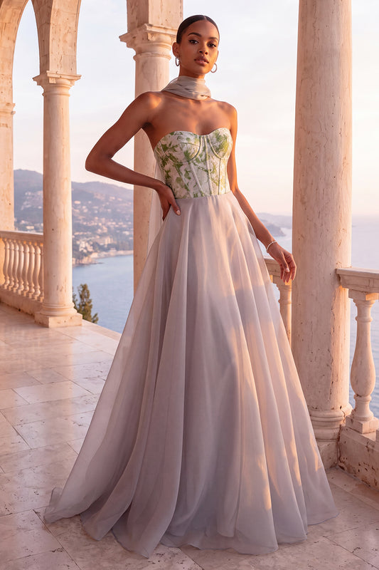 Light Grey Corset Organza Floral A-Line Long Formal Dress with Neck Scarf