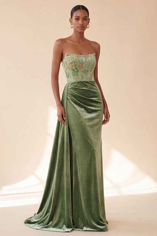 Green Corset Floral Strapless Ruched Long Velvet Holiday Dress with Side Cape