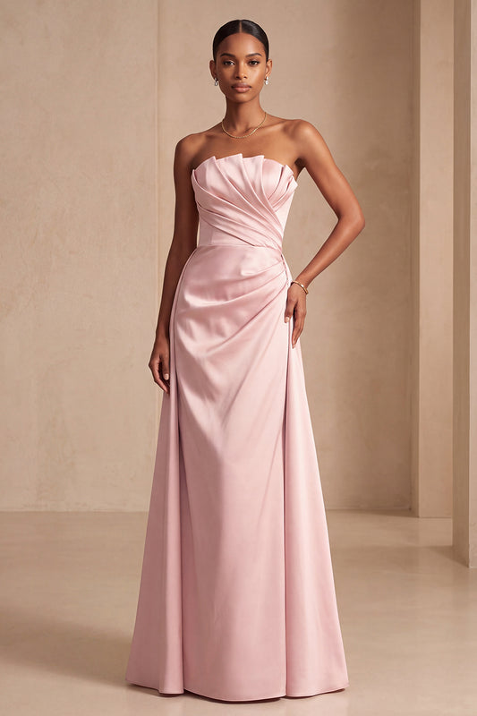 Pink Sheath Satin Strapless Ruched Long Formal Dress with Cape