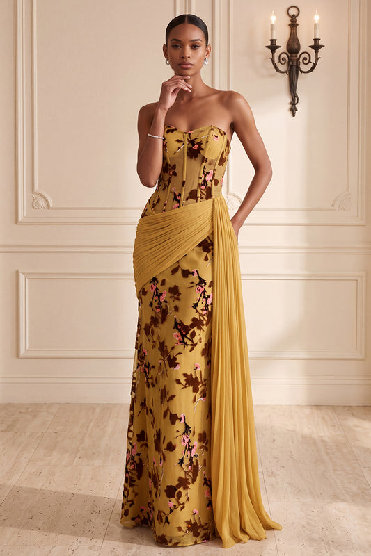 Ginger Yellow Floral Corset Sheath Draped Long Formal Dress with Side Cape