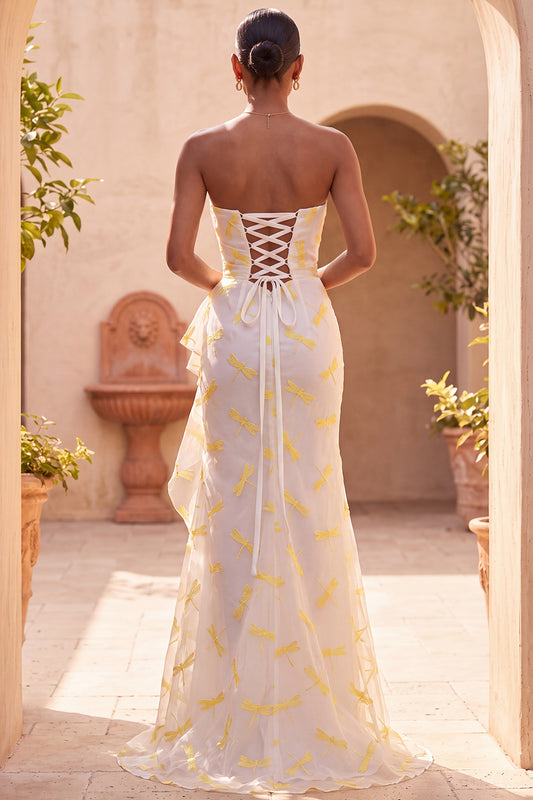 Ivory Dragonfly Printed Corset Ruffled Mermaid Ruched Long Formal Dress with Slit