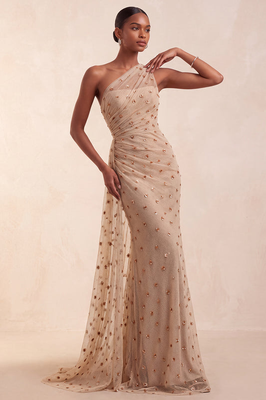 Sparkly Khaki Mermaid Floral Ruched Long Evening Dress with Side Cape
