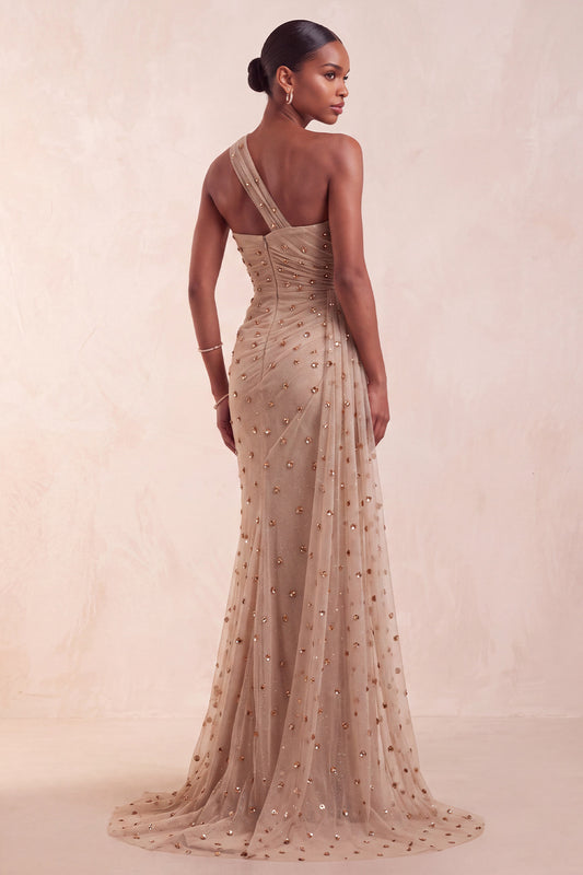Sparkly Khaki Mermaid Floral Ruched Long Evening Dress with Side Cape