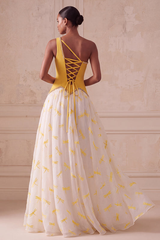 Yellow Dragonfly Printed A-Line One Shoulder Long Prom Dress with Beading