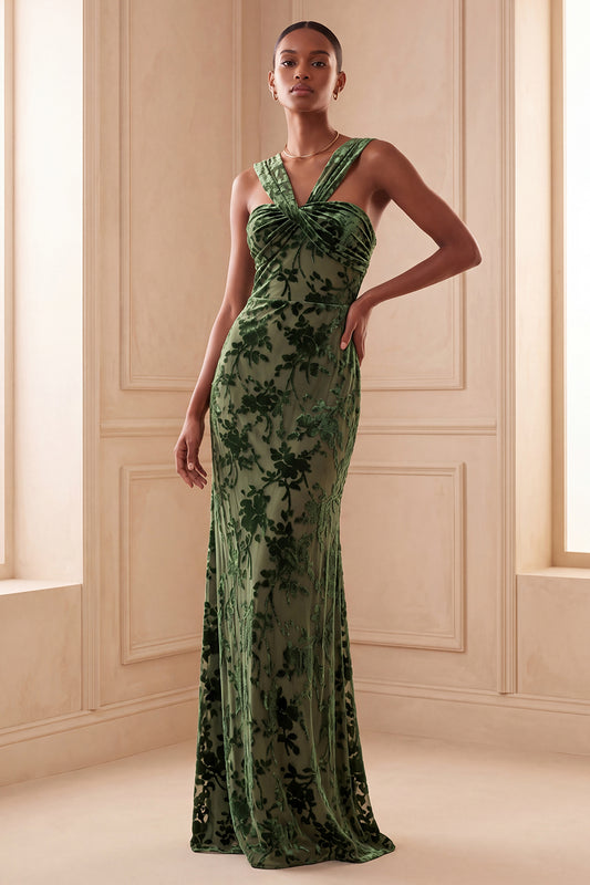 Eucalyptus Sheath Floral Halter Ruched Long Velvet Holiday Dress