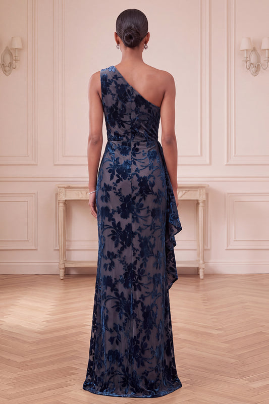 Navy One Shoulder Sheath Floral Long Velvet Holiday Dress with Ruffles