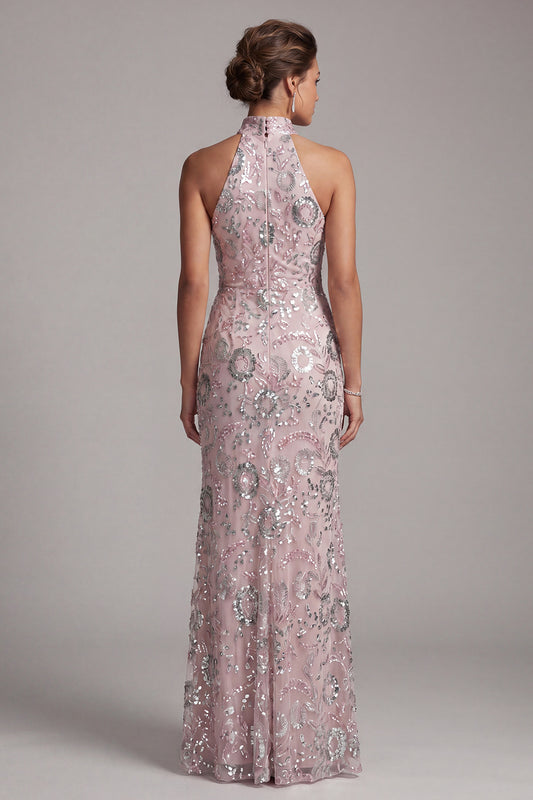 Light Pink Mermaid Ruched Sparkly Floral Sequins Long Mother of the Bride Dress with Slit