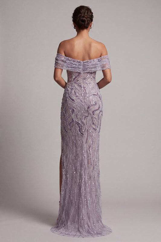 Sparkly Beaded Lilac Off the Shoulder Long Mother of the Bride Dress with Slit