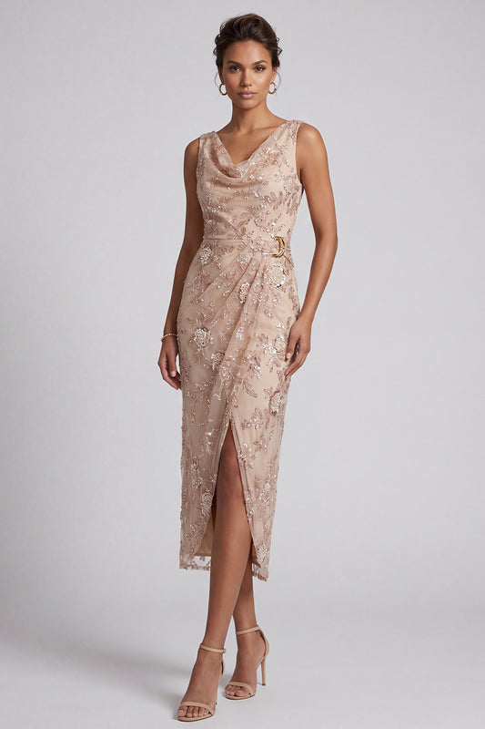 Champagne Floral Beaded Cowl Neck Ruched Midi Mother of the Bride Dress with Slit