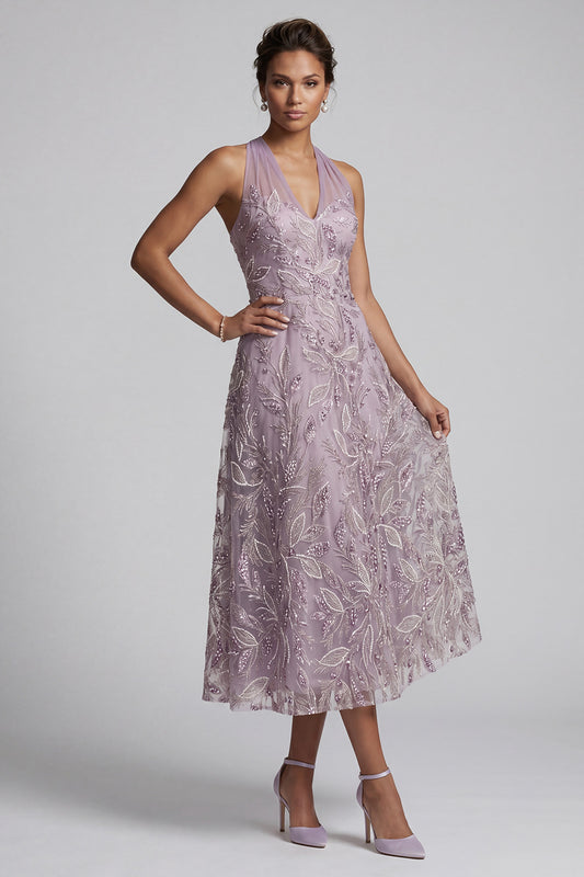 Sparkly Lilac A-Line Halter Floral Beaded Midi Mother of the Bride Dress