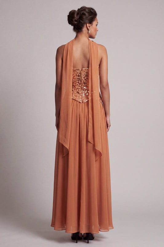 Bronzer Corset Chiffon Sequin A-Line Maxi Mother of the Bride Dress with Neck Scarf