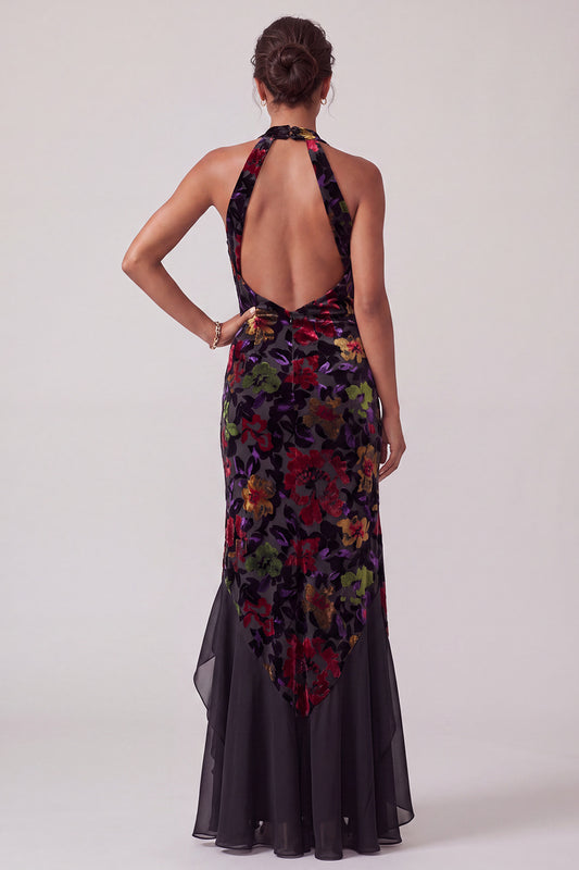 Black Halter Floral Velvet Ruffled Long Mother of the Bride Dress with Slit