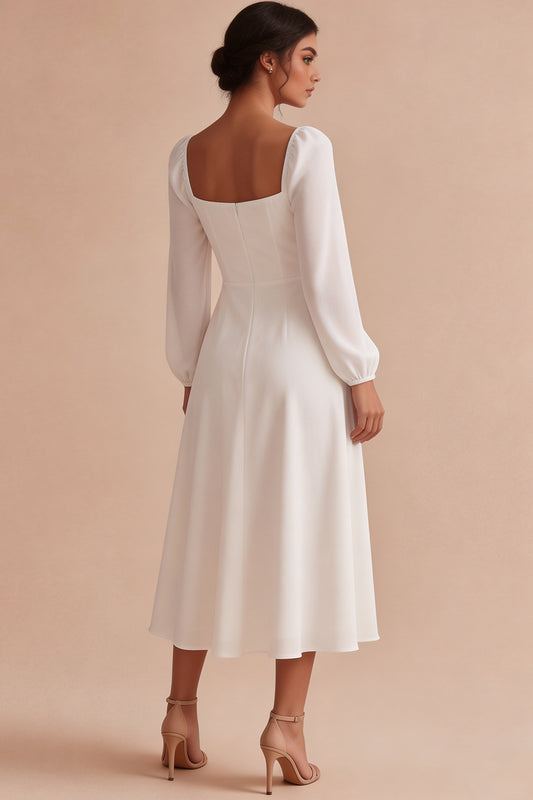 White A Line Chiffon Ruched Midi Engagement Dress with Sleeves