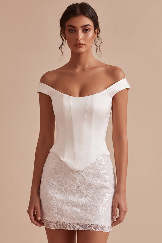 White Lace Sequin Corset Off the Shoulder Tight Short Graduation Dress