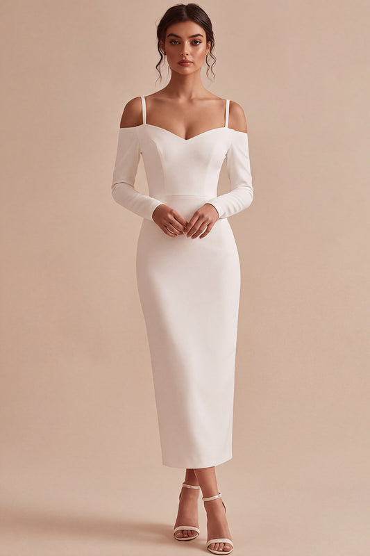 White Sheath Cold Shoulder Maxi Engagement Dress with Sleeves