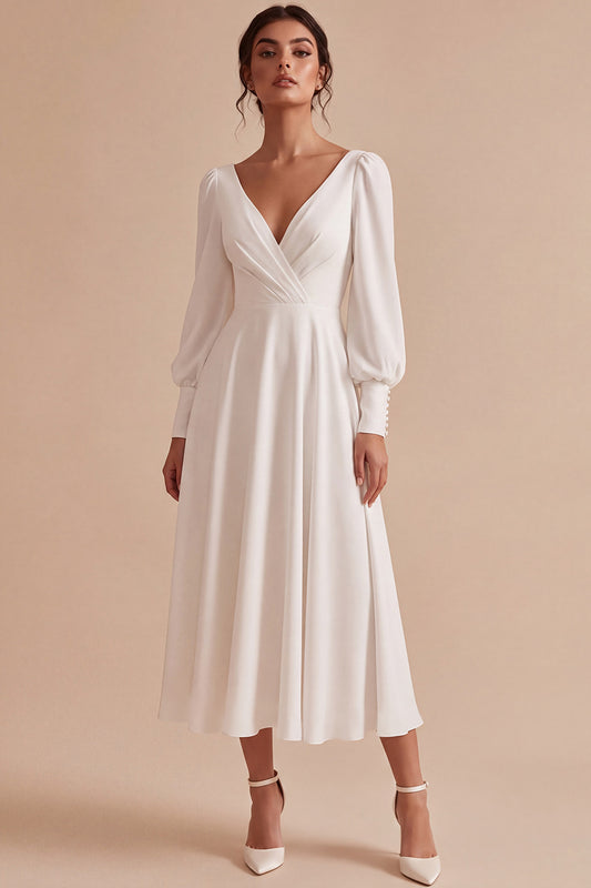 White A Line Ruched V-Neck Puff Sleeves Midi Engagement Dress