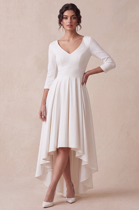 White A Line V-Neck Ruched 3/4 Sleeves High-Low Engagement Dress