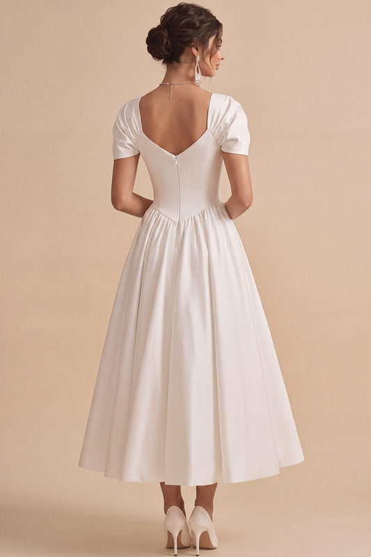 White A Line Square Neck Maxi Engagement Dress with Rhinestones