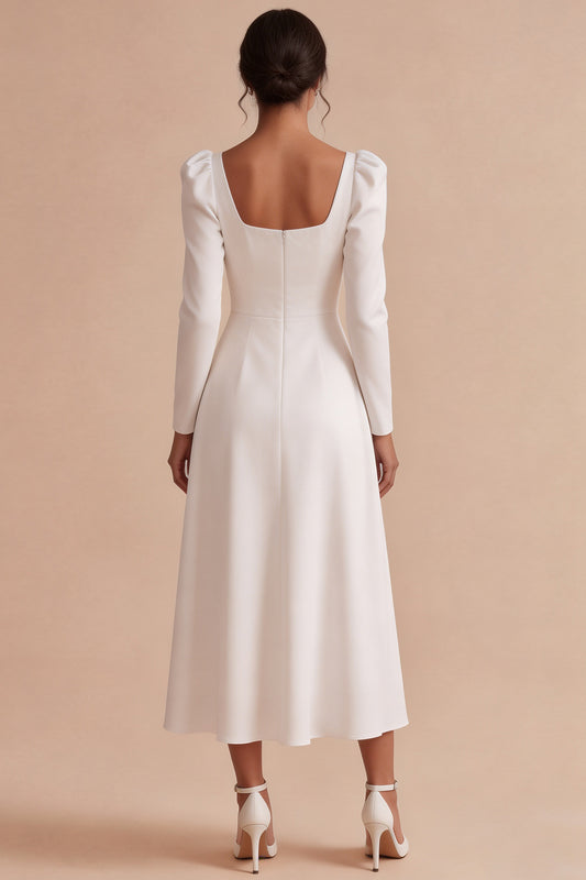 White A Line Square Neck Midi Engagement Dress with Sleeves