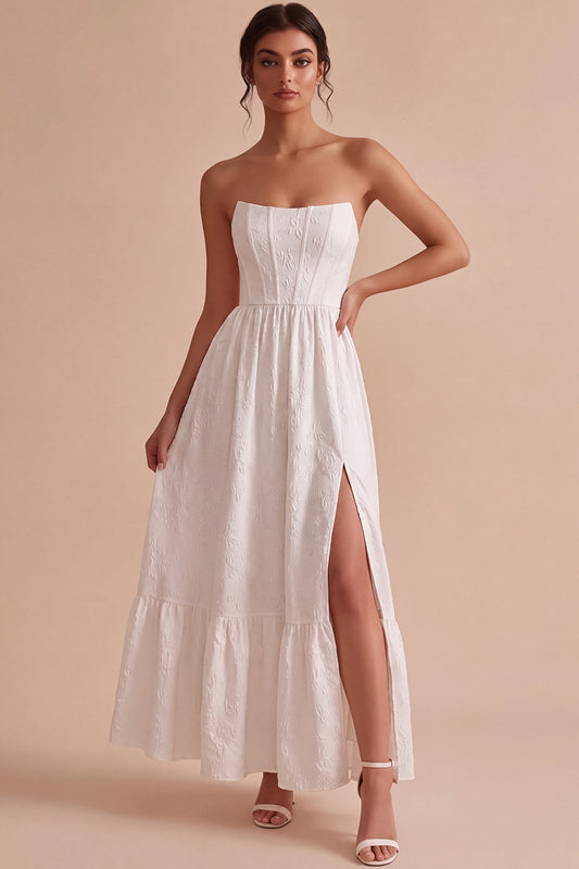 White Floral Corset Strapless Maxi Engagement Dress with Slit