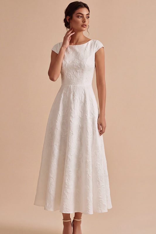 White Jacquard A Line Boat Neck Maxi Engagement Dress with Sleeves