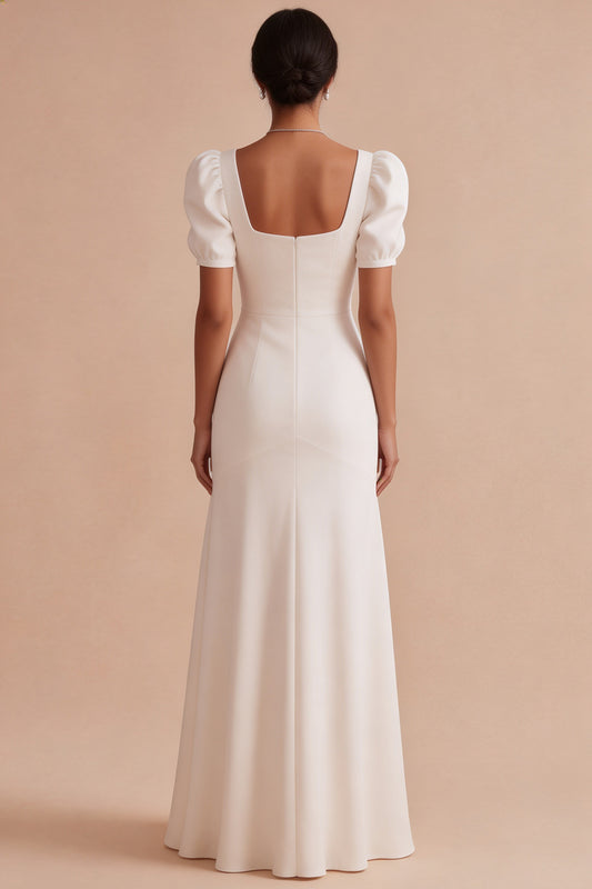 White Mermaid Square Neck Puff Sleeves Long Engagement Dress