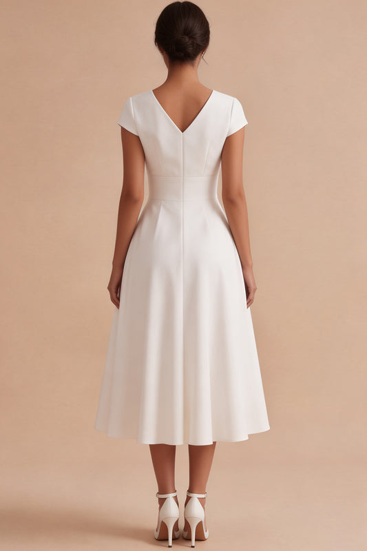 White A Line V-Neck Ruched Cap Sleeves Midi Engagement Dress
