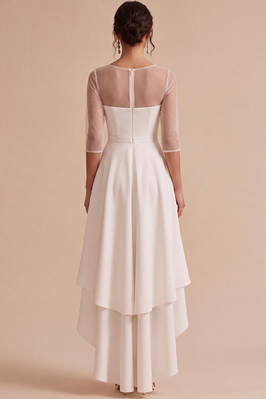 White A Line Tiered High-Low Engagement Dress with Sleeves