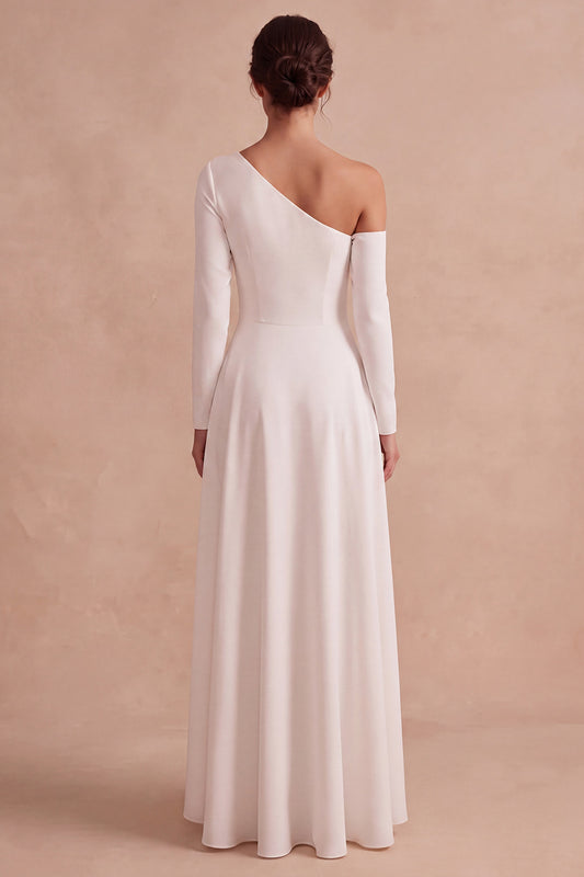 White A Line One Shoulder High-Low Engagement Dress with Sleeves