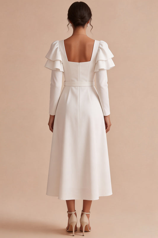 White A Line Square Neck Ruffle Sleeves Midi Engagement Dress with Belt