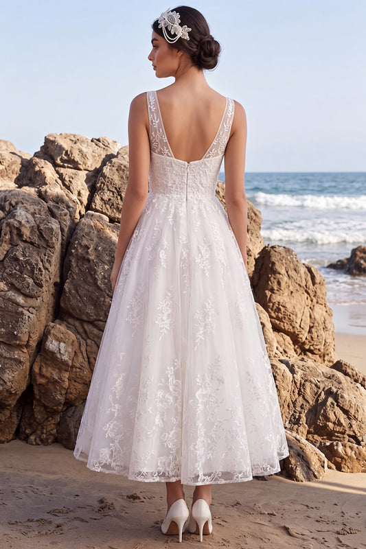 White Lace A-Line V-Neck Maxi Boho Wedding Dress