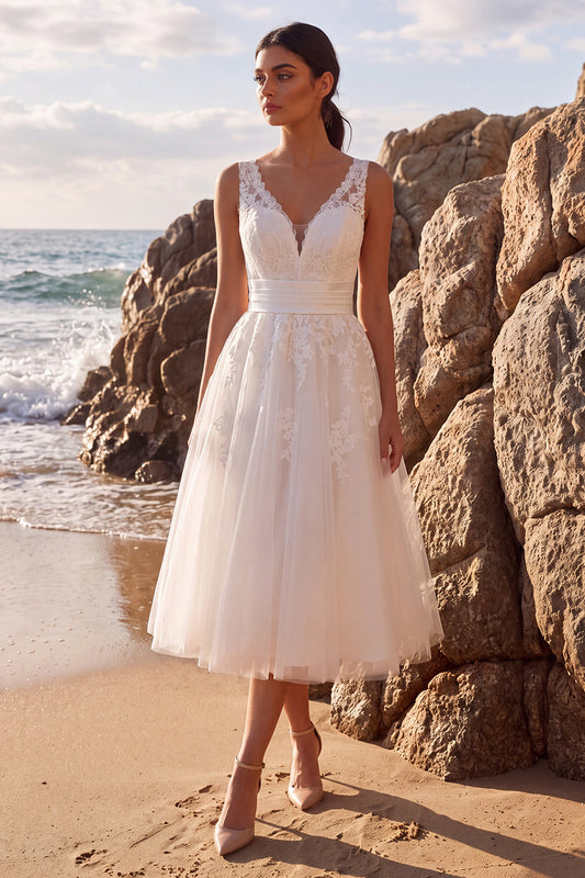 White Tulle Floral A-Line V-Neck Midi Beach Wedding Dress