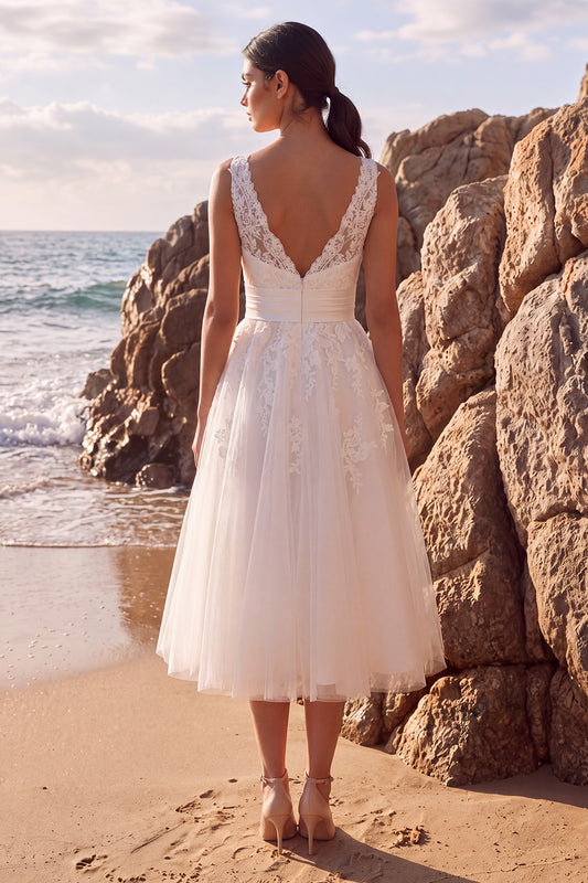 White Tulle Floral A-Line V-Neck Midi Beach Wedding Dress