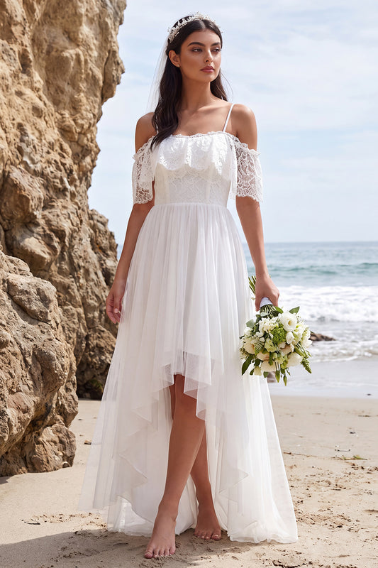 White Lace A Line Cold Shoulder High-Low Wedding Dress
