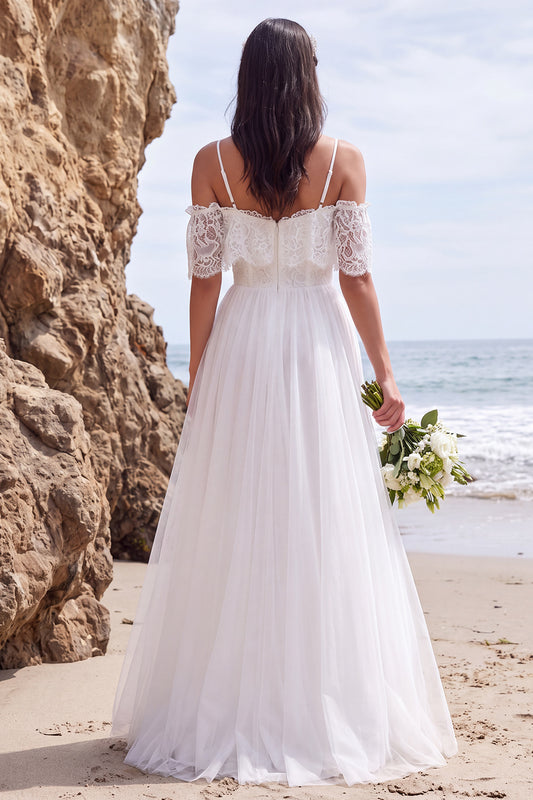 White Lace A Line Cold Shoulder High-Low Wedding Dress