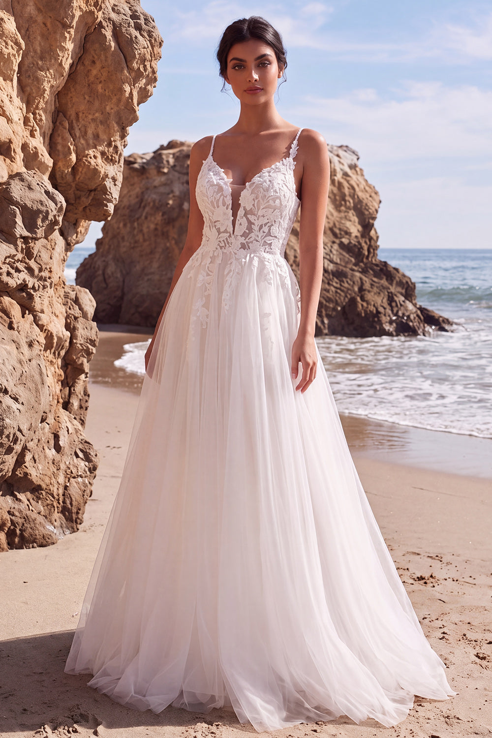 Zapakasa Women White Floral A-Line Sweep Train Wedding Dress Spaghetti Straps Tulle Backless Bridal Shower Dress