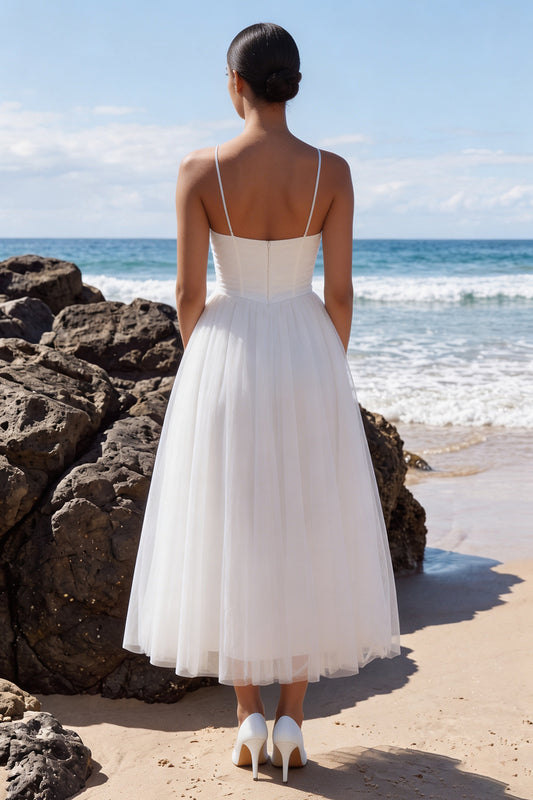 White Tulle Corset A-Line Spaghetti Straps Maxi Beach Wedding Dress
