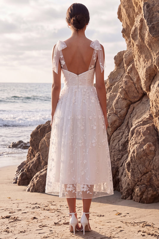 White Lace Floral A-Line Midi Boho Wedding Dress with Bows