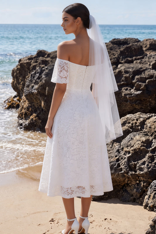 White Lace A Line Off the Shoulder Midi Boho Wedding Dress