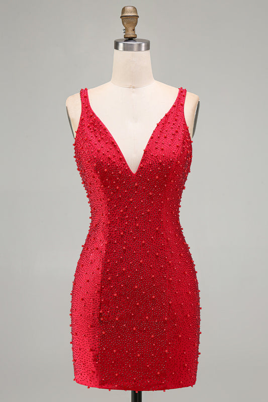Sparkly Red V-Neck Tight Beaded Short Homecoming Dress