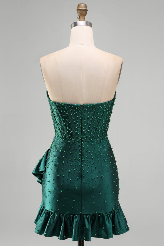 Sparkly Dark Green Sweetheart Tight Ruffled Short Corset Homecoming Dress