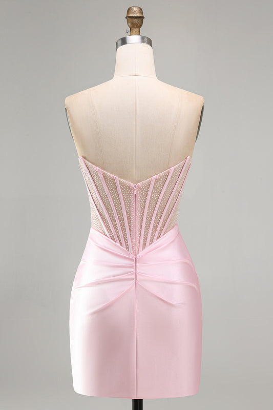 Sparkly Pink Beaded Tight Satin Ruched Short Corset Homecoming Dress