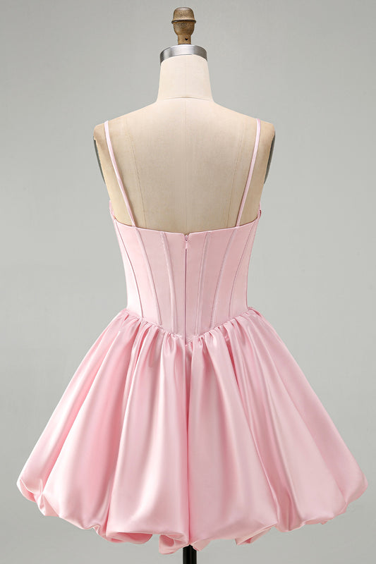 Pink Corset Ruched A Line Satin Short Homecoming Dress with Sequins
